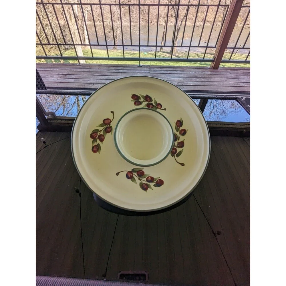 Cranberry Pottery Appetizer Dish With Bowl Attached for Dip Signed KTJ Red Cream